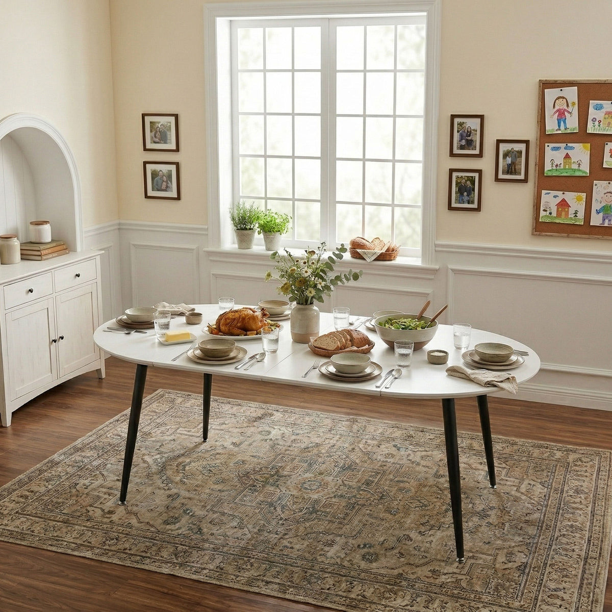 Using a clever telescopic mechanism, this white medium density fiberboard tabletop is paired with black metal legs, resulting in a smooth and delicate surface. Its unique design creates a smooth.