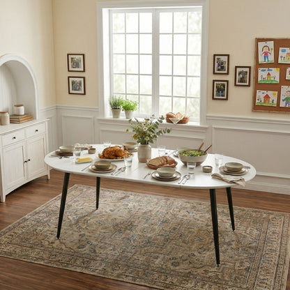 Using a clever telescopic mechanism, this white medium density fiberboard tabletop is paired with black metal legs, resulting in a smooth and delicate surface. Its unique design creates a smooth.
