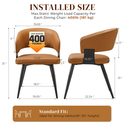 Modern Kitchen Dining Chair Set (2-piece set), brown faux leather soft cushion, curved wrap-around backrest, reinforced metal frame with sturdy black metal legs, easy to clean, suitable for home kitch