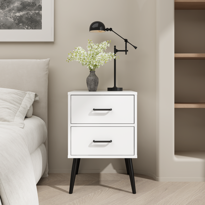 2-Drawer Nightstand with Metal Legs and Metal Handles, Modern White Bedside Table, Small End Table, Living Room or Apartment