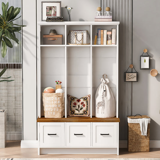 U-Can Modern Hall Tree with Entryway Bench, 3 Shelves and Drawers, 40.2'' Wide Hall Tree with Storage Bench for Hallway, Entryway, Living Room