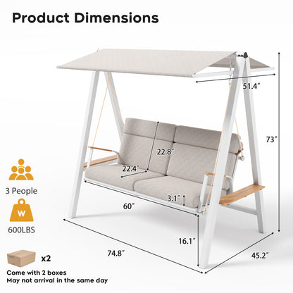 Outdoor Patio 3 seaters Metal Swing Chair Swing bed with Cushion and Adjustable Canopy Champagne Color