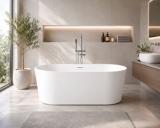 Sigma 67'' x 32'' Freestanding Soaking Acrylic Bathtub with Center Drain, Drain Assembly & Overflow