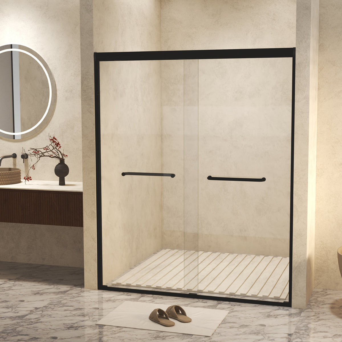 Modern Matte Black Aluminum Frame Double Sliding Shower Door, 50-54' W × 72' H, 6mm Tempered Glass with Explosion Proof Film, Stainless Steel Handle
