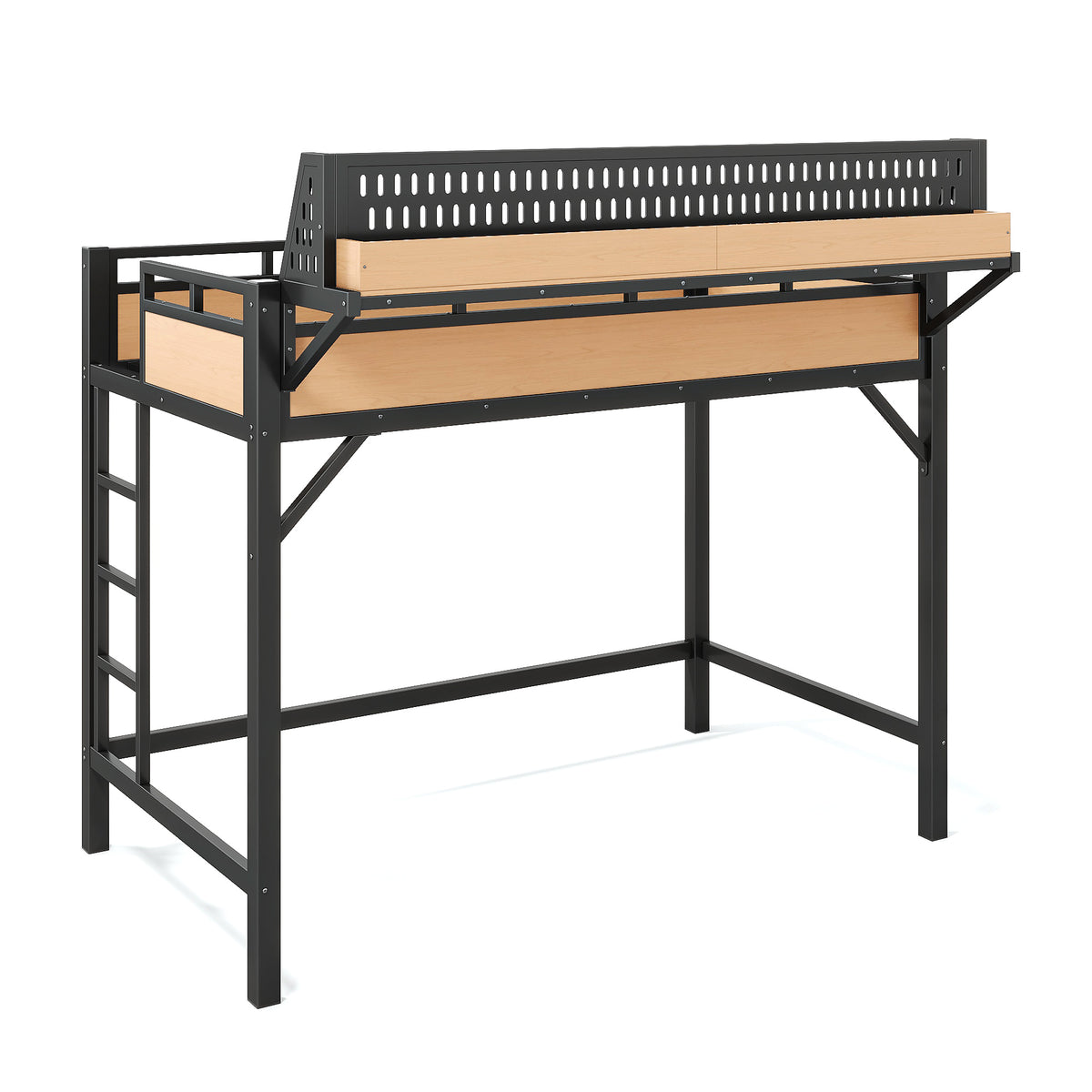Twin XL size Loft Bed Frame with Storage Shelves and Pegboard, Metal Loft Bed with USB Ports and LED Lights, Safe and Sturdy, Natural