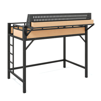 Twin XL size Loft Bed Frame with Storage Shelves and Pegboard, Metal Loft Bed with USB Ports and LED Lights, Safe and Sturdy, Natural