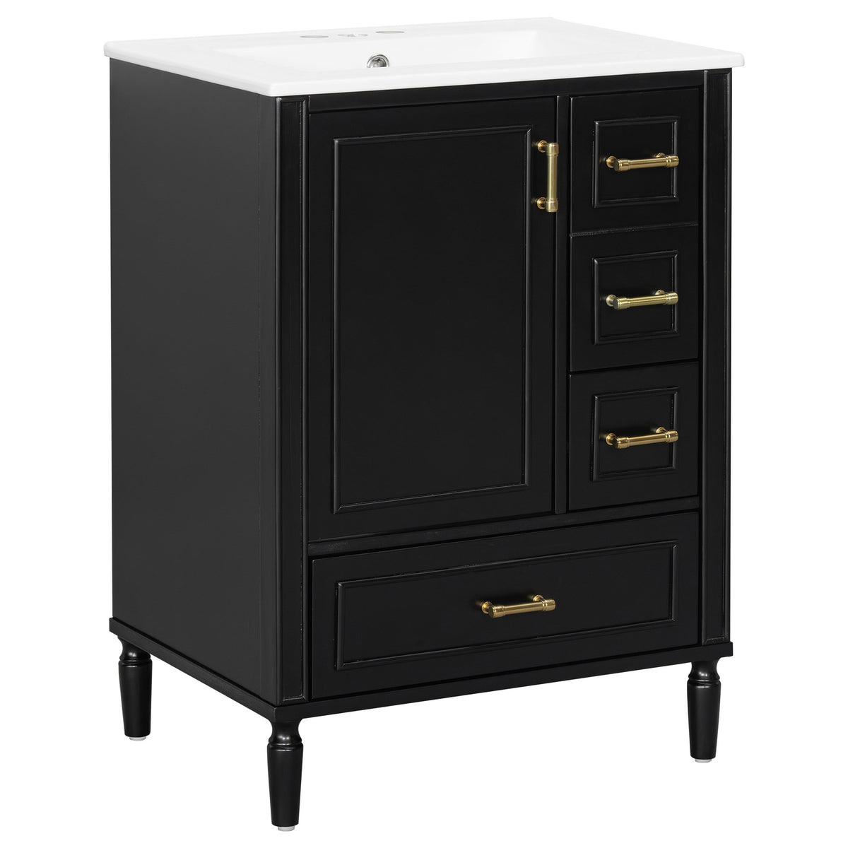24' Modern Bathroom Vanity with Ceramic Sink, Soft-Close Door, 3 Drawers, Gold Handles, and Door-Mounted Rack for Space-Saving Storage(Old SKU:N729P373272B)