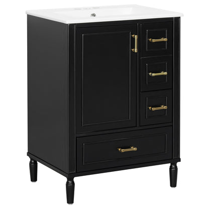 24' Modern Bathroom Vanity with Ceramic Sink, Soft-Close Door, 3 Drawers, Gold Handles, and Door-Mounted Rack for Space-Saving Storage(Old SKU:N729P373272B)