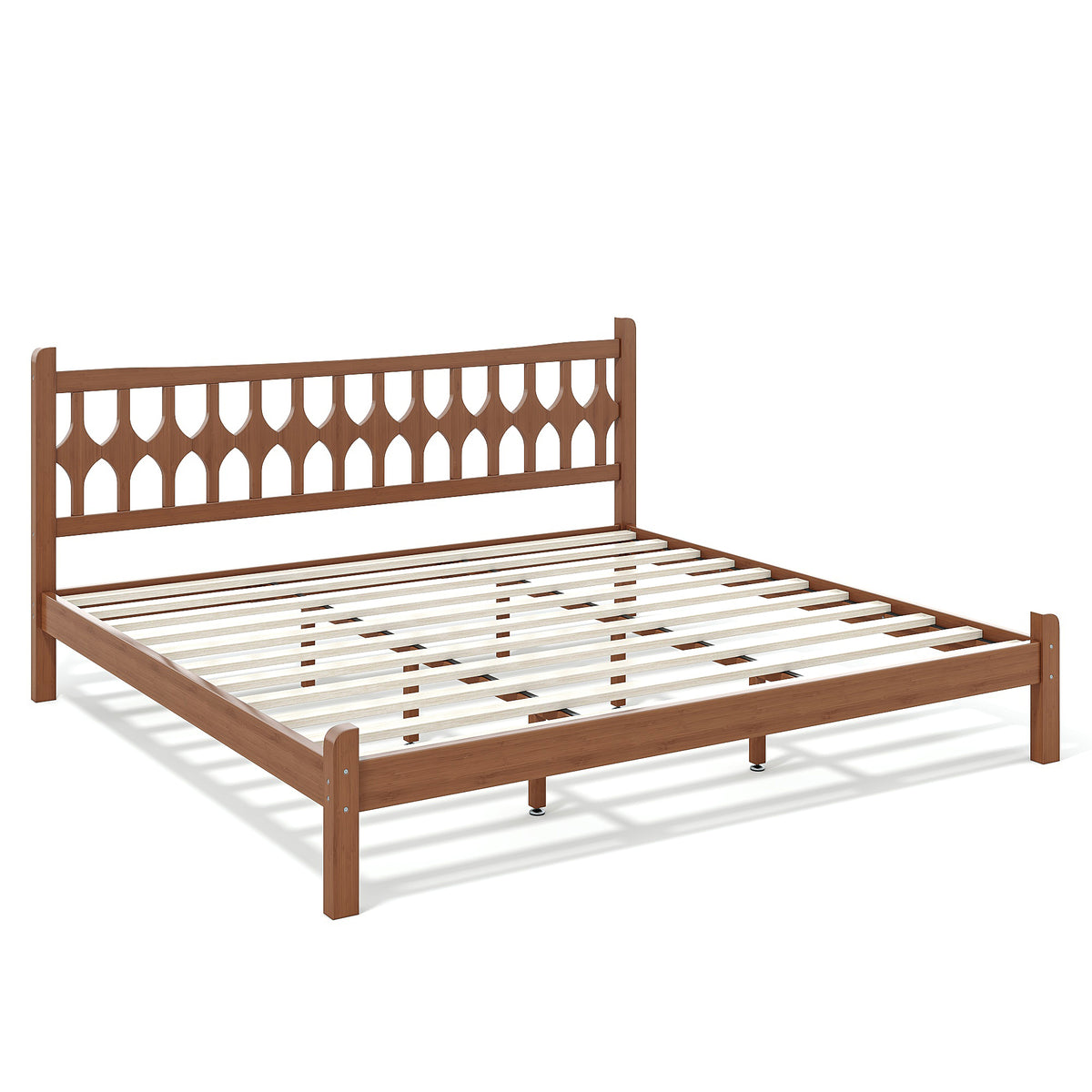 King Size Bamboo Platform Bed with Diamond-shaped headboard, Solid Bamboo-made Bed Frame with Support Slats, for Bedroom, Guest Rooms, Brown