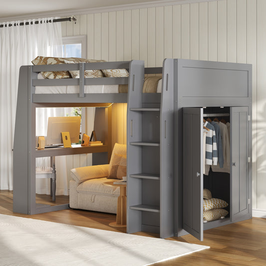 Full Size High Loft Bed with Built-in Desk, LED Lights, Storage Shelves & Double Door Wardrobe Closet, Grey