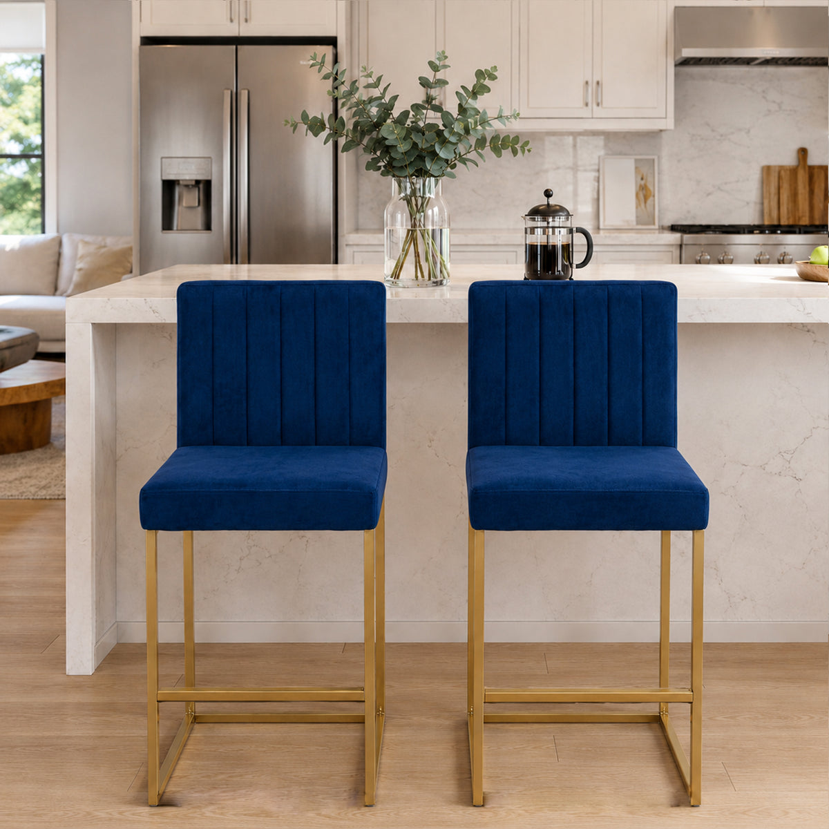 25.6 Inch Counter Height Bar Stools Set of 2 with Velvet Cushion and Back Modern Bar Chairs for Kitchen Island Counter with Metal Leg for Restaurant Dining Room Office, Blue and Gold