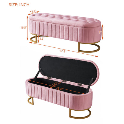 Elegant Upholstered Velvet Storage Ottoman with Button-Tufted, Storage Bench with Metal Legs, Fully Assembled Except Legs, Pink