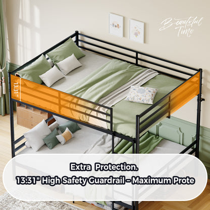 Queen-size heavy-duty bunk bed with ladder and high guardrails, 20 crossbars, minimum load capacity of 880 lbs per bunk, can be split into two double beds, includes storage space, black.