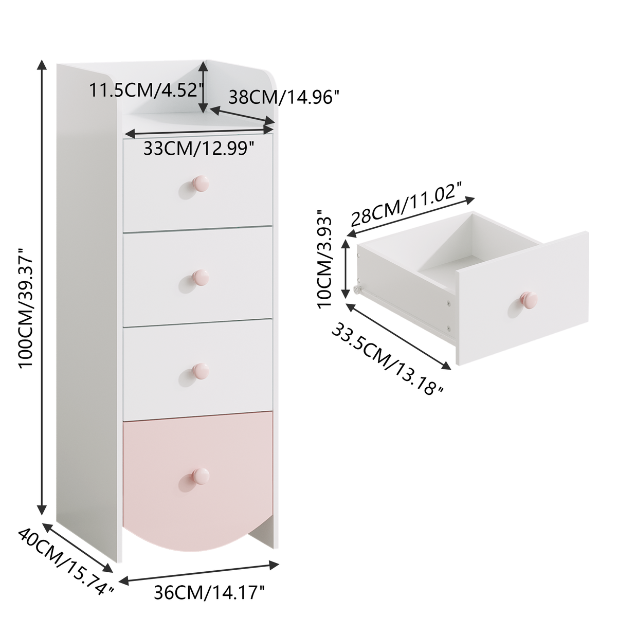 Kids Dresser with 4 Drawers, Narrow Storage Cabinet for Kids Room, MDF Chest of Drawers with Round Bottom Design, Nursery Bedroom Organizer, White