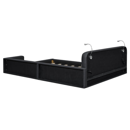 Queen Size Upholstered Platform Bed with 2 Reading Lights, Black