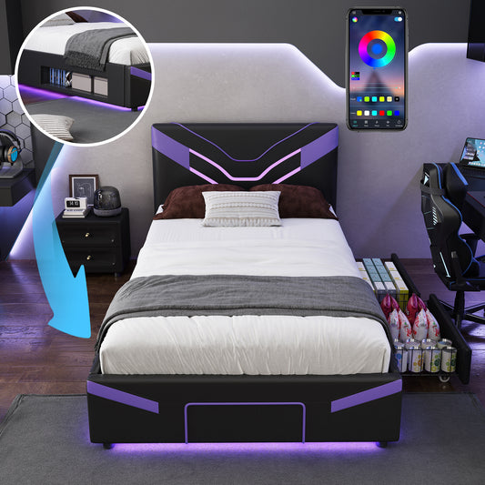 Twin Size Upholstered Gaming Bed Frame with LED Lights, PU Leather Platform Bed with Storage Shelf, 2 Steel Drawers, Purple