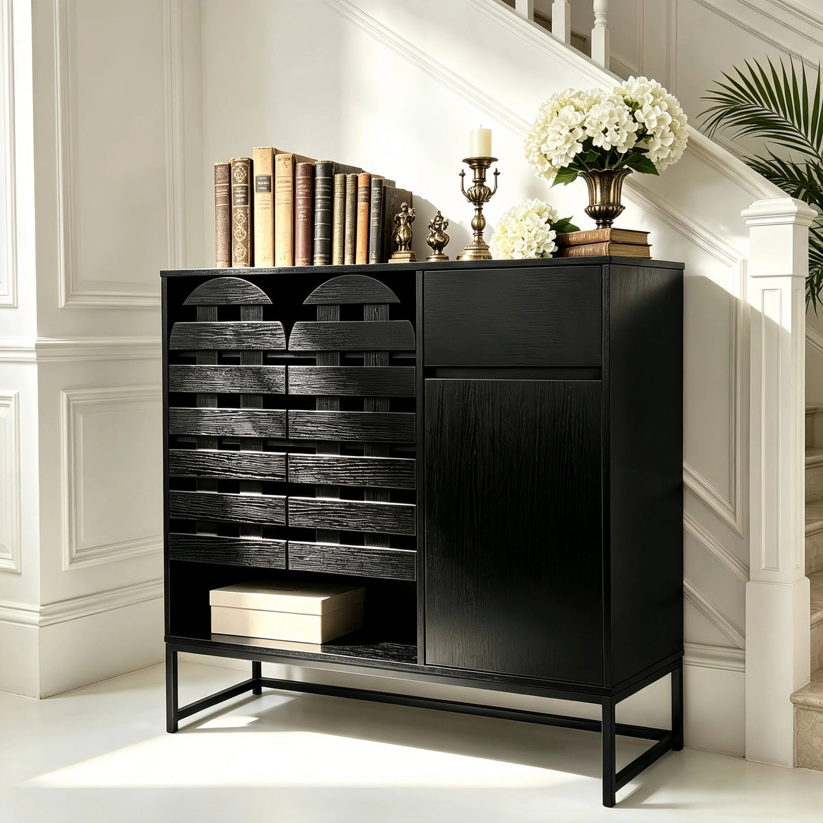 Buffet Cabinet with Storage: 44.49"Black Woven Door Accent Cabinets,with Arched Doors,with Multi layer Adjustable,with Metal Leg,woven door and drawer - for Kitchen Living Dining Room Entryway
