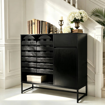 Buffet Cabinet with Storage: 44.49"Black Woven Door Accent Cabinets,with Arched Doors,with Multi layer Adjustable,with Metal Leg,woven door and drawer - for Kitchen Living Dining Room Entryway