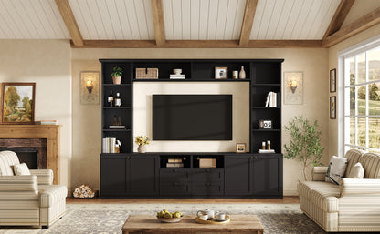 Farmhouse Elegant Entertainment Center Wall Unit with 4 Drawers, Modern Built in TV Stand with Bridge for TVs Up to 70", All-in-One Media Console with Adjustable Shelves for Living Room, Black