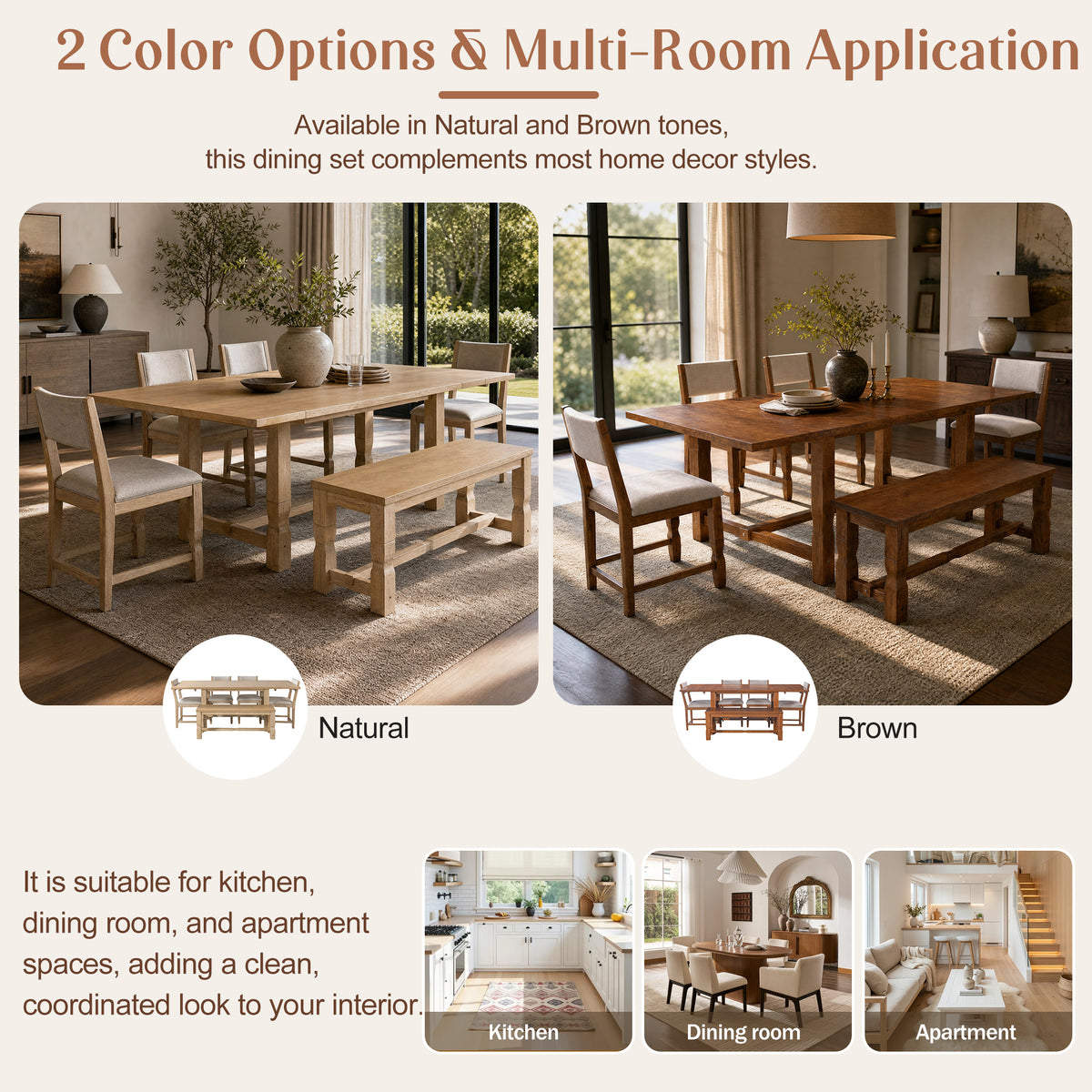 TOPMAX 6-Piece Dining Set with Bench, Extendable Rubberwood Table with 2 Removable Leaves, 4 Padded Chairs and 1 Bench for Kitchen Dining Room, Brown