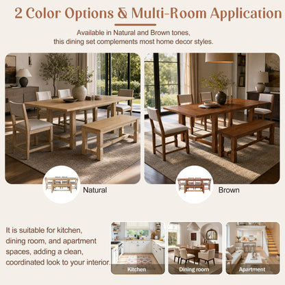 TOPMAX 6-Piece Dining Set with Bench, Extendable Rubberwood Table with 2 Removable Leaves, 4 Padded Chairs and 1 Bench for Kitchen Dining Room, Brown