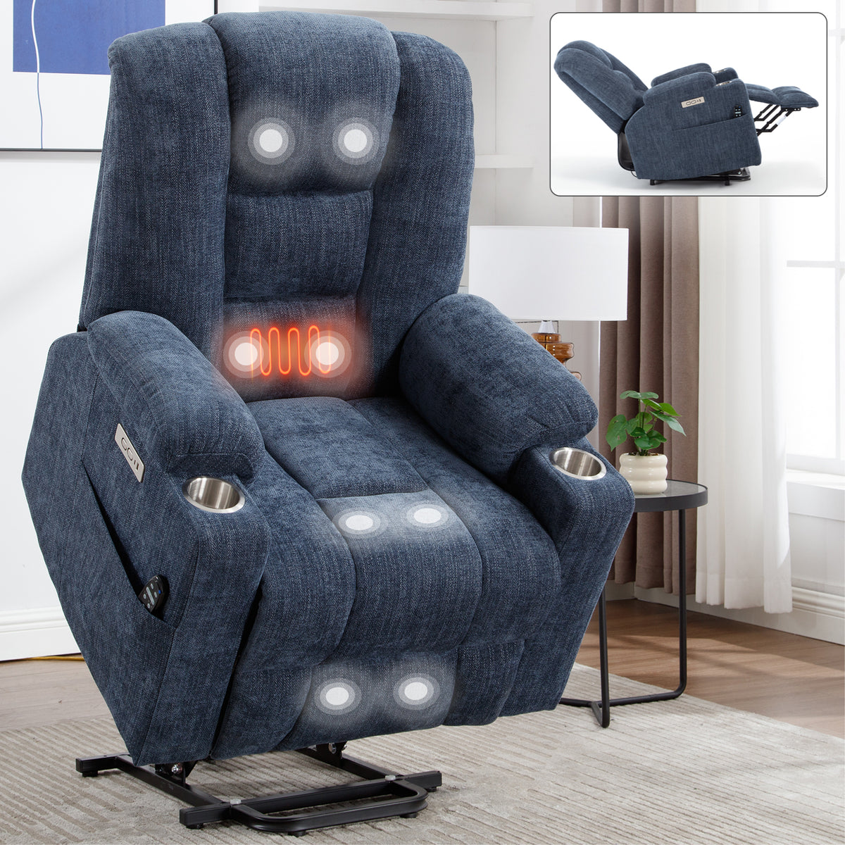 Power Lift Recliner Chair with Massage and Heat for Elderly, Overstuffed Wide Recliners, Heavy Duty Motion Mechanism with USB and Type C Ports, 2 Steel Cup Holders, Blue