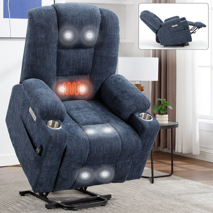 Power Lift Recliner Chair with Massage and Heat for Elderly, Overstuffed Wide Recliners, Heavy Duty Motion Mechanism with USB and Type C Ports, 2 Steel Cup Holders, Blue