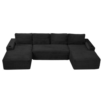 Compressible U-Shaped Sectional Sofa Set, Minimalist Style Modular Sectional Sofa, Corduroy Fabric Cloud Couch