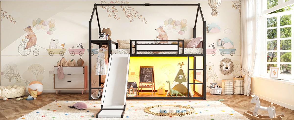 Twin Over Twin Metal Bunk Bed with Slide, LED Clothing Hanging Area, Fabric Storage Shelf & Power Outlet, Childlike Playhouse bunk bed Frame with low-profile design for Kids Girls,boys, Black