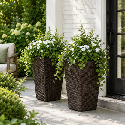 SOLHOME 19.7" Tall Poly Rattan Planter, Brown Tapered Plant Pot with Steel Frame – Indoor Outdoor Decorative Planter with PP Insert, Set of 2 Planters