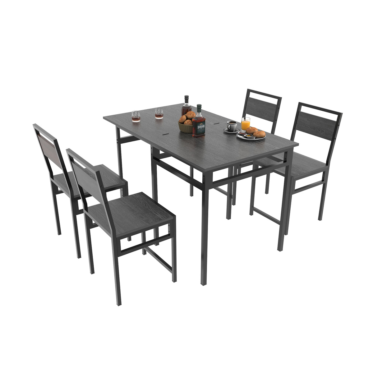 Extendable Dining Table Set with 4 Chairs, Industrial Rectangular Expandable Kitchen Table, Wood Grain Metal Frame Space Saving Dinner Furniture for Small Family Apartment
