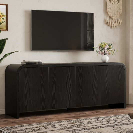 Farmhouse Curved Edge TV Stand with Large Cabinets for TVs up to 70", Minimalist Wood Grain Media Console with Cable Management