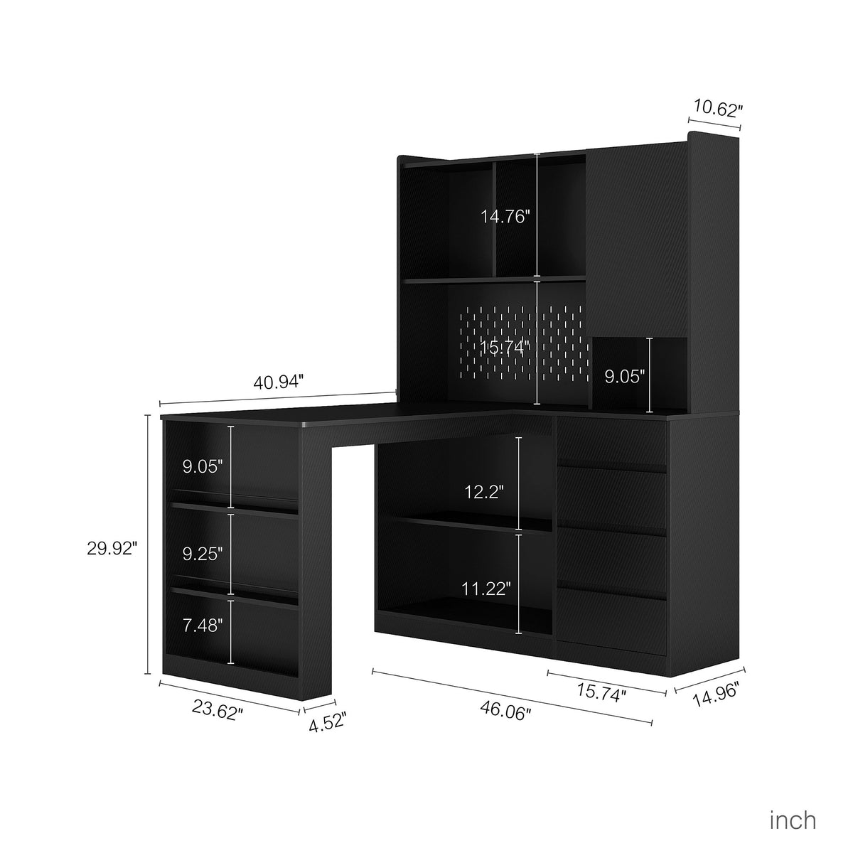 L Shaped Desk with Charger, Computer Desk with Drawers, Bookshelf, with LED Light, Modern Corner Desk, Home Office Desk – Black