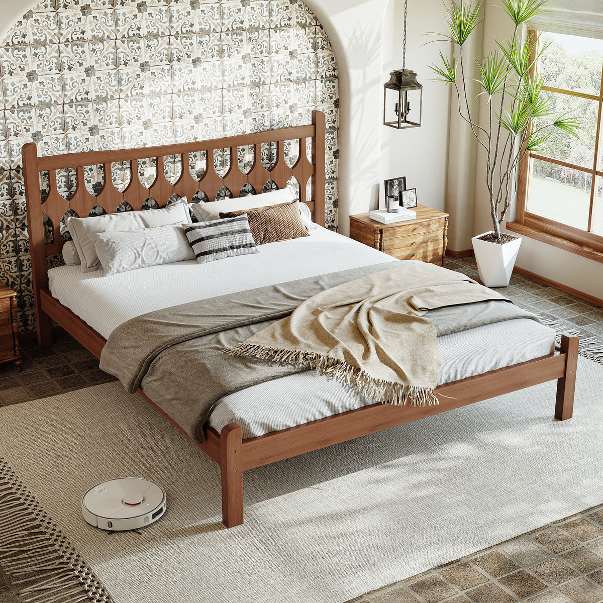 Queen Size Bamboo Platform Bed with Diamond-shaped headboard, Solid Bamboo-made Bed Frame with Support Slats, for Bedroom, Guest Rooms, Brown
