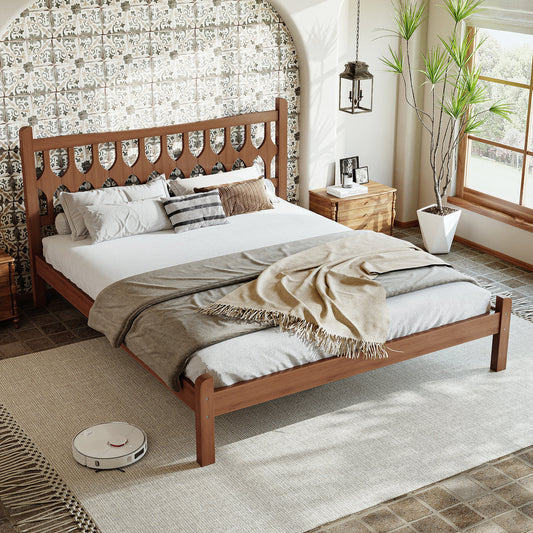 Queen Size Bamboo Platform Bed with Diamond-shaped headboard, Solid Bamboo-made Bed Frame with Support Slats, for Bedroom, Guest Rooms, Brown