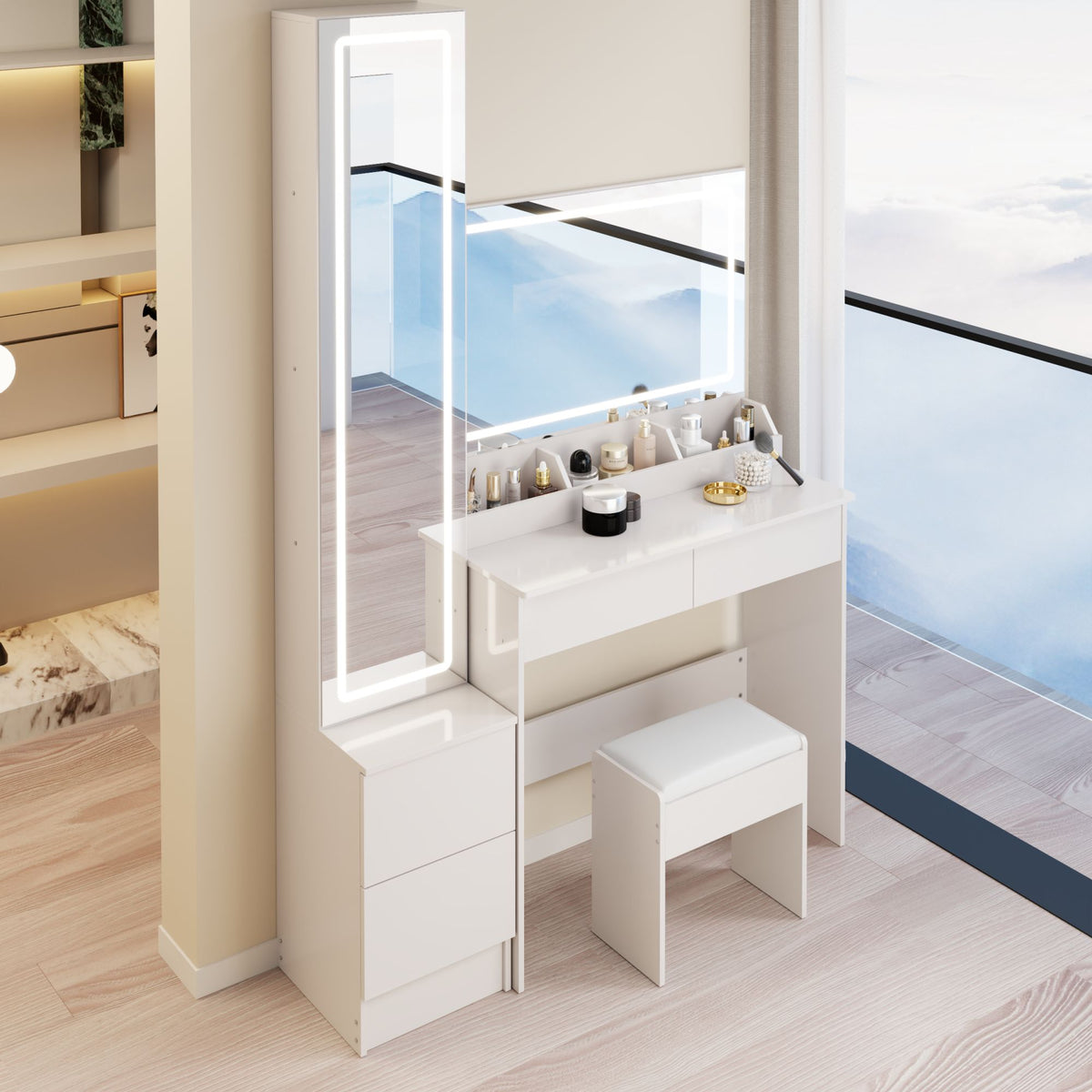 Extra Large LED Mirror Vanity Table + LED Dressing Mirror Cabinet + Cushioned Stool, Double Large LED Mirror, Touch Control, 3-color Switch