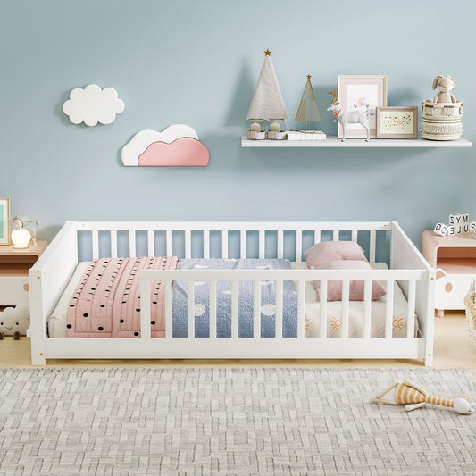 Full Size Rubber Wood Floor Bed with Guardrails,Built-in Book Rack,Without Door,White