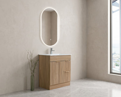 Goodyo 30" Mid-Century Modern Bathroom Vanity with White Ceramic Sink Combo Set, Freestanding Fluted MDF Cabinet with 1 Door and 2 Drawers, Gold Finish Handles, Natural Walnut Pattern