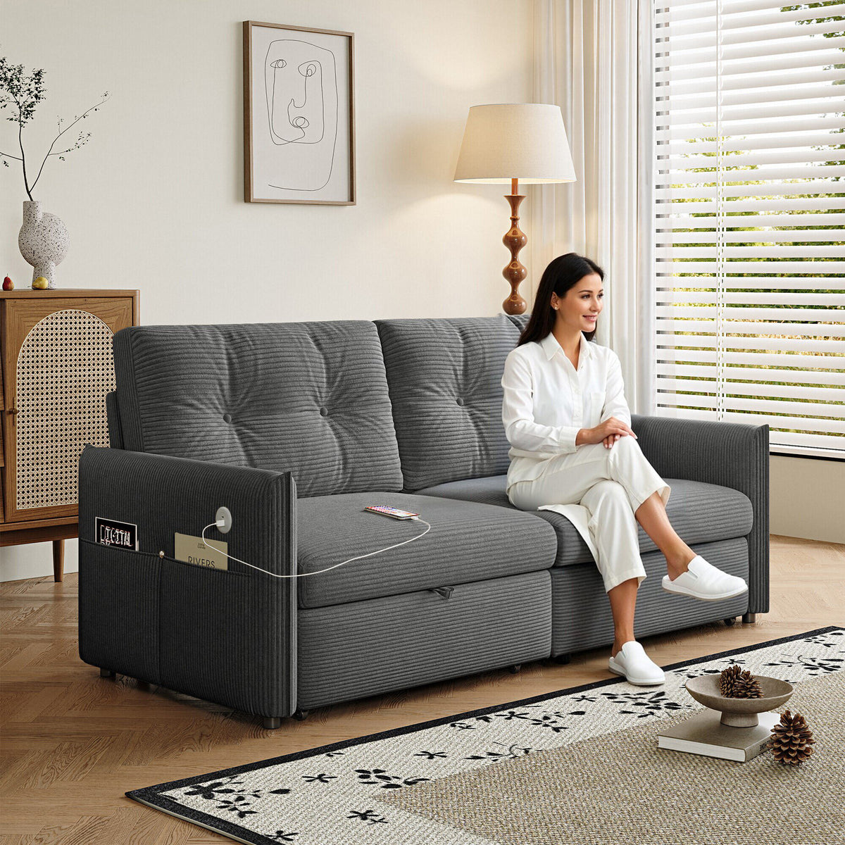 Sleeper Sofa, 69.7' Pull-Out Bed Storage Sectional, Convertible 2-in-1 Sofa Bed with Ottoman, Cozy Multi-Functional Futon for Small Spaces, Corduroy Fabric, Ideal for Living Room & Bedroom
