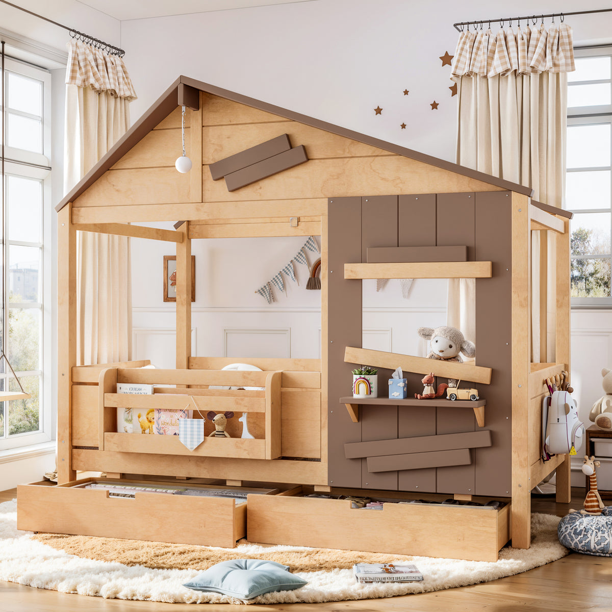 Twin Size Farmhouse Spliced House Bed with Window Shelf & Side Hooks, Playhouse Bed Frame with Underbed Storage Drawers and LED,Light Natural