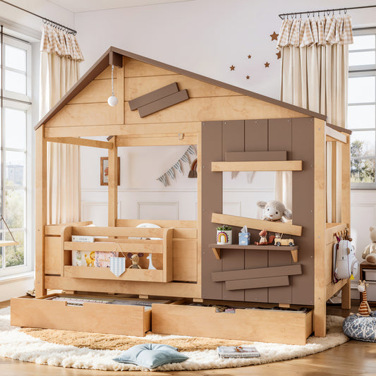 Twin Size Farmhouse Spliced House Bed with Window Shelf & Side Hooks, Playhouse Bed Frame with Underbed Storage Drawers and LED,Light Natural