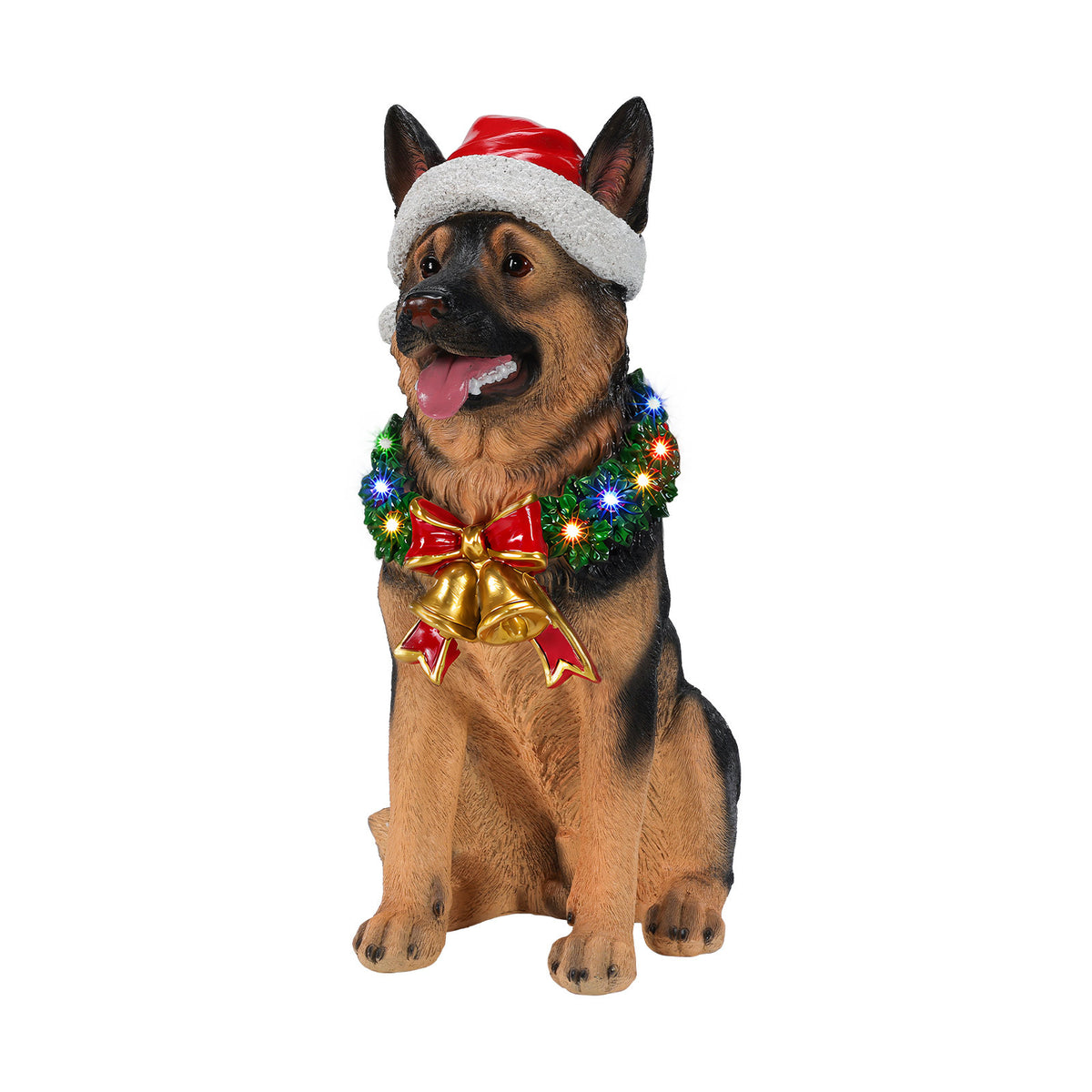 Lighted Christmas German Shepherd Dog Statue, Santa Hat Puppy Figurine with LED Wreath and Bells