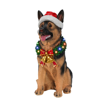 Lighted Christmas German Shepherd Dog Statue, Santa Hat Puppy Figurine with LED Wreath and Bells