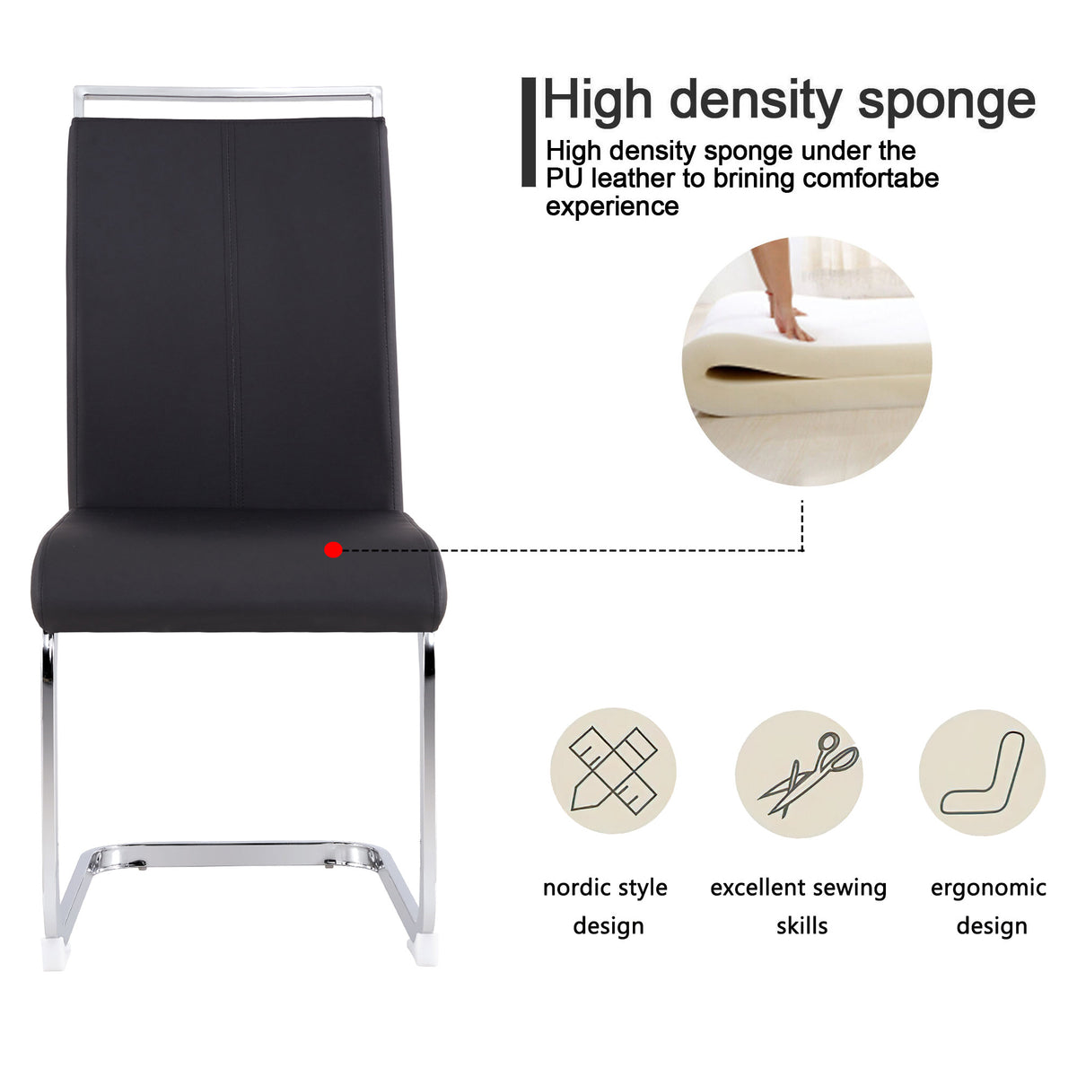 Modern Dining Chairs,PU Faux Leather High Back Upholstered Side Chair with C-shaped Tube Chrome Metal Legs for Dining Room Kitchen Vanity Patio Club Guest Office Chair (Set of 4)(Black+PU Leather)1162