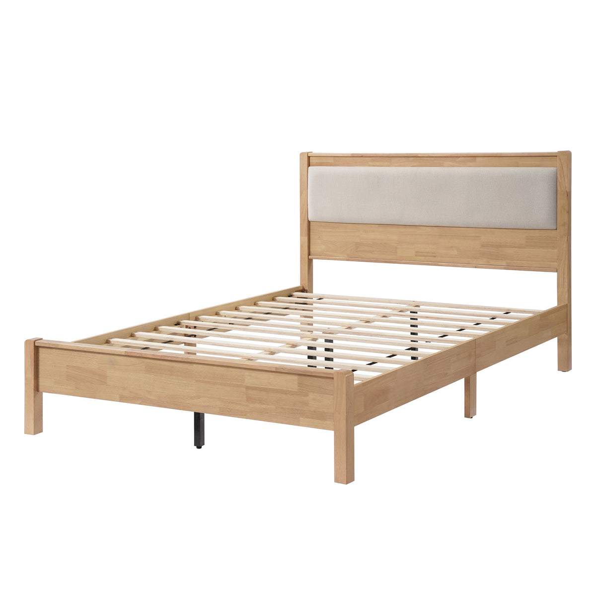 Queen Size, Solid Rubber Wooden Bed with Upholstered Headboard, Reinforced by Central Support Legs,Natural