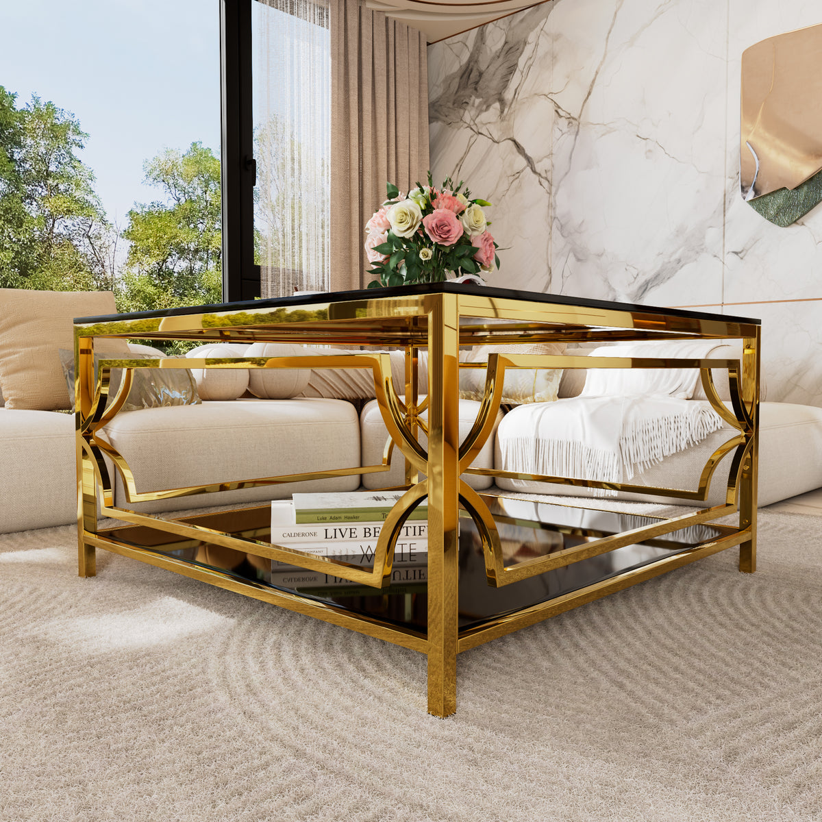 Square Glass Coffee Table in 33.5", Luxurious Geometric Metal Frame, Gold Finish & Lower Shelf