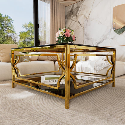 Square Glass Coffee Table in 33.5", Luxurious Geometric Metal Frame, Gold Finish & Lower Shelf