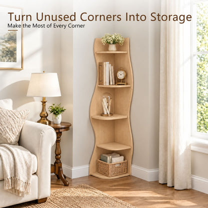 (Old Sku : W5156P534910)5-Tier Corner Shelf, Modern Wavy Corner Bookshelf, Tall Corner Storage Rack for Living Room, Bedroom, Kitchen, Home Office, Space-Saving Display Stand with Rounded Edges