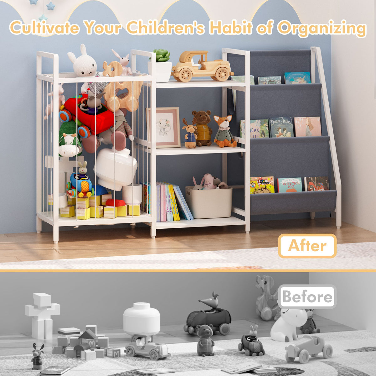 Kids Bookshelf and Toy Storage, 3-in-1 Book Shelf for Kids Rooms, Sling Baby Bookcase with Stuffed Animal Storage, Toddler Montessori Bookshelf for Nursery, Playroom, Kindergarten, Gray