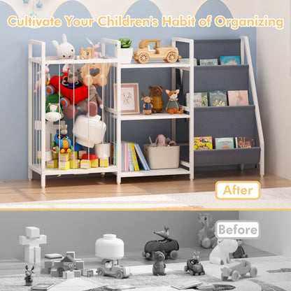 Kids Bookshelf and Toy Storage, 3-in-1 Book Shelf for Kids Rooms, Sling Baby Bookcase with Stuffed Animal Storage, Toddler Montessori Bookshelf for Nursery, Playroom, Kindergarten, Gray